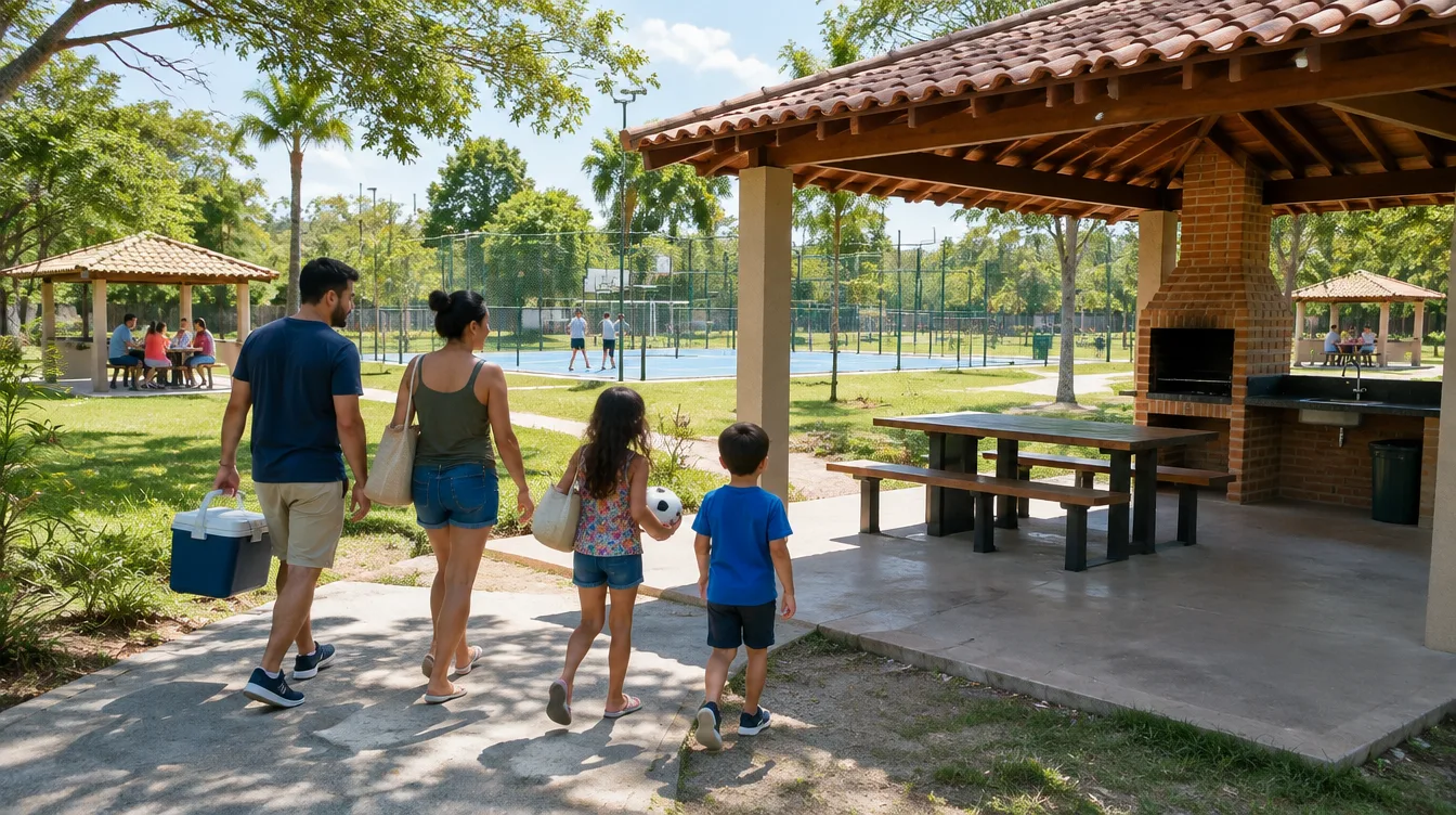 Uma família chega a uma churrasqueira livre num parque arborizado.