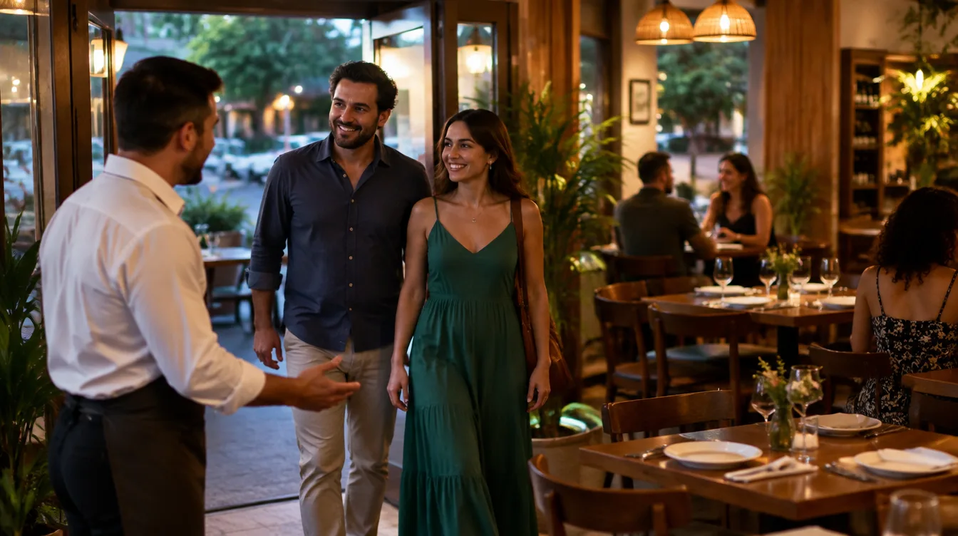 Um casal chega a um restaurante de bairro e é recebido na porta, sem fila.