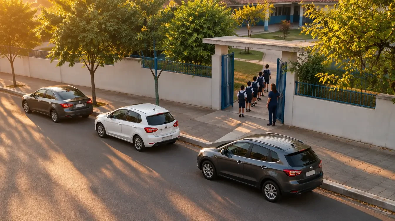 Crianças em fila no portão da escola, com a professora.