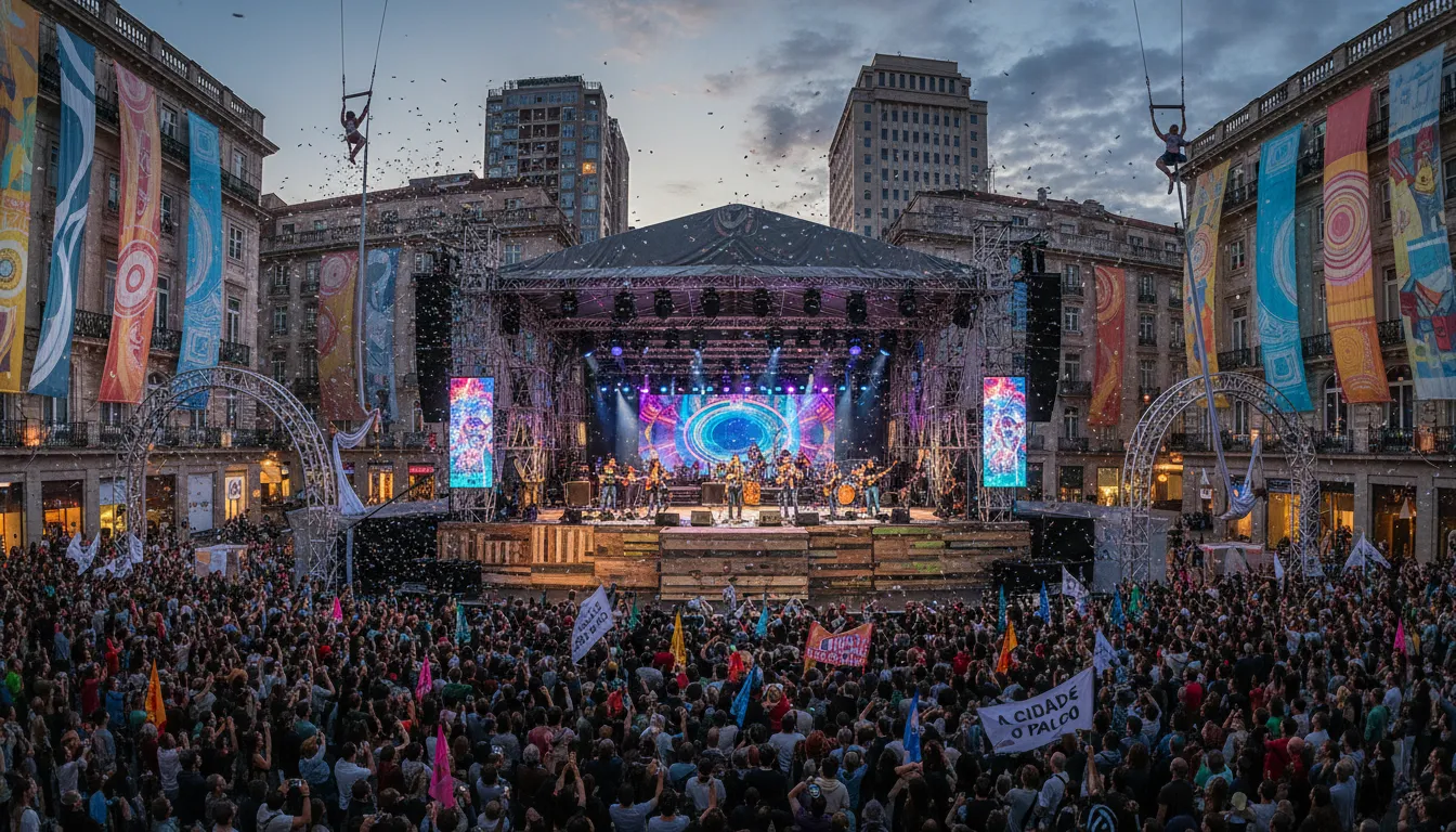 Um palco ao ar livre na cidade, com o público espalhado.