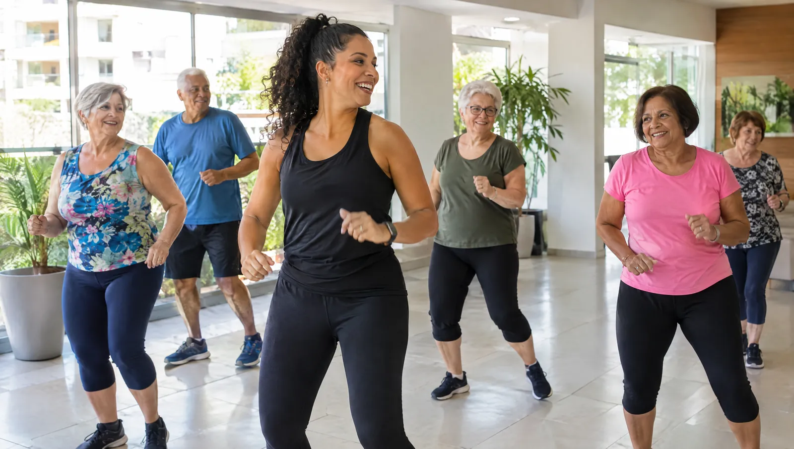 Uma turma de dança ocupa um salão numa tarde de semana.
